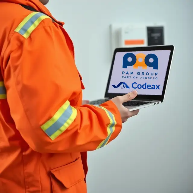 Asentaja pitelee kannettavaa tietokonetta, jonka näytöllä ovat PAP Groupin ja Codeaxin logot