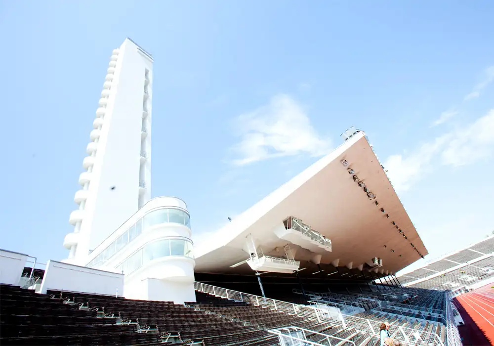 The tower of Helsinki Olympic Stadium and the roof over the stand