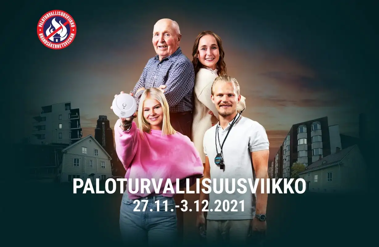 A poster for Fire Safety Week 27 November – 3 December 2021, with the campaign’s ambassadors holding a smoke alarm