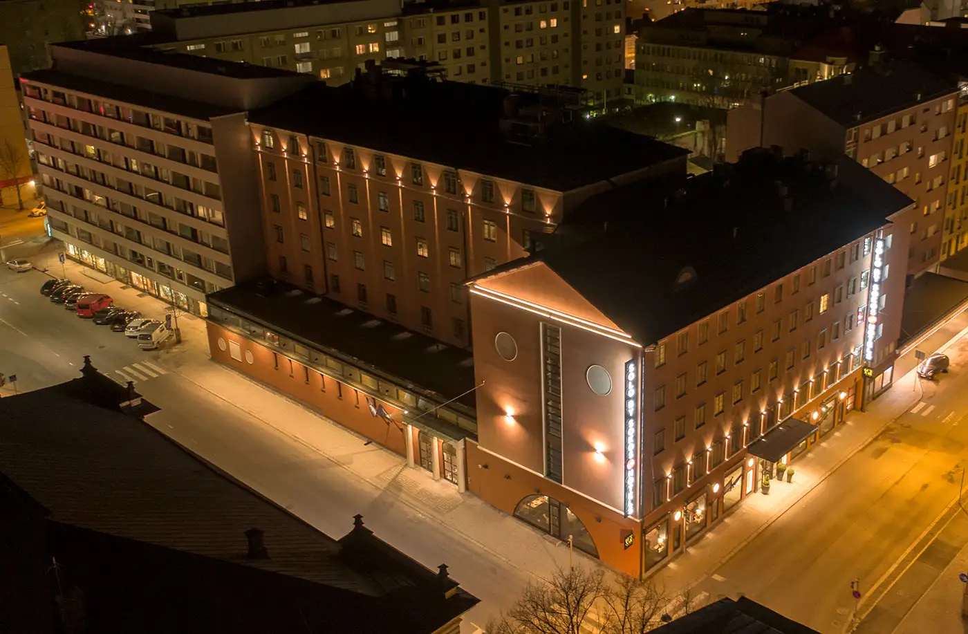 Aerial view of the Seurahuone building in Turku in evening lighting